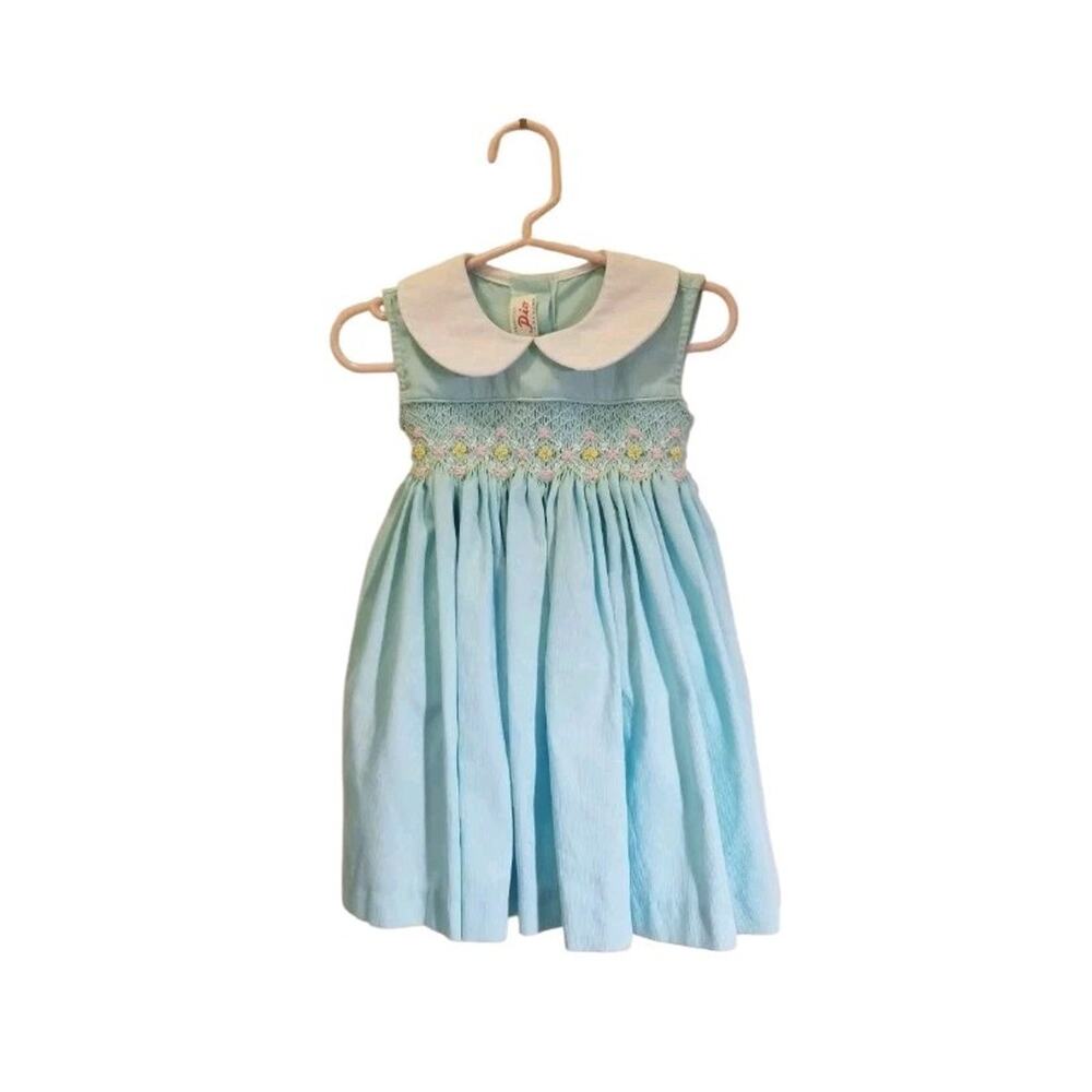 Vtg Pio Light Blue Pin Tuck Pleated Collared Embroidered Flowers Dress Size 2T
